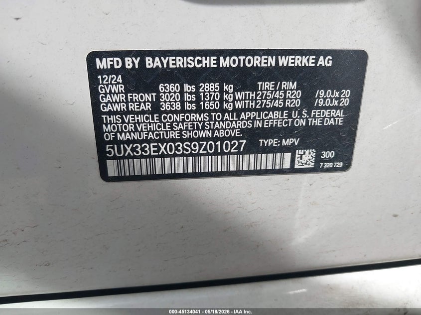 2025 BMW X6 xDrive40I VIN: 5UX33EX03S9Z01027 Lot: 45134041