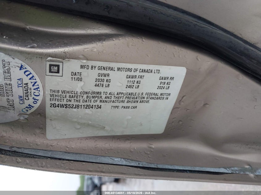 2001 Buick Century Custom VIN: 2G4WS52J811204134 Lot: 45134051