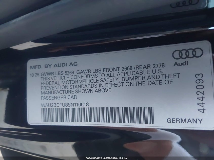 2025 Audi All-New A5 Premium Plus Tfsi Quattro S Tronic VIN: WAU2BCFU8SN110618 Lot: 45134128