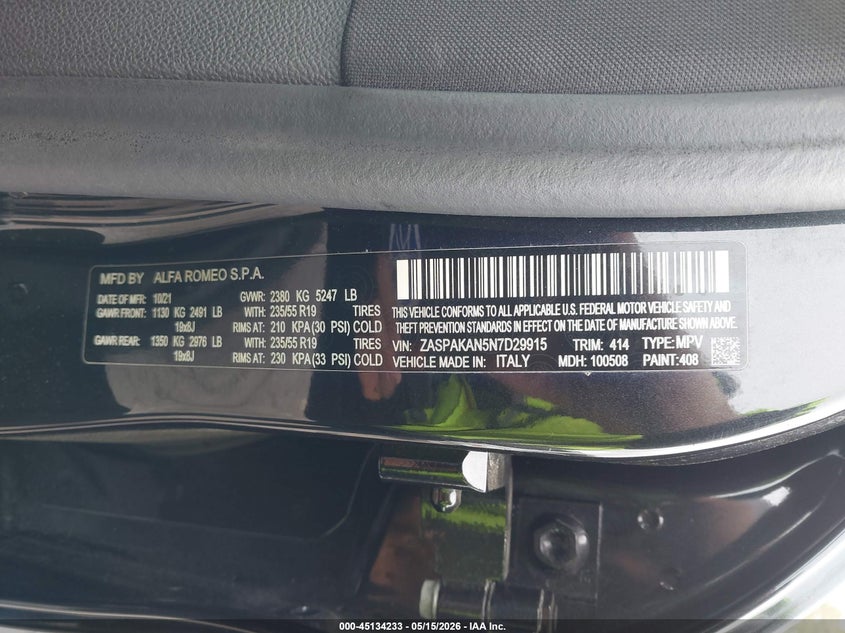 2022 Alfa Romeo Stelvio Sprint Awd VIN: ZASPAKAN5N7D29915 Lot: 45134233