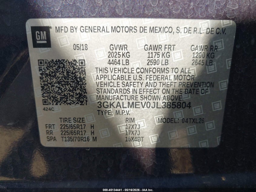 VIN: 3GKALMEV0JL385804 2018 GMC TERRAIN SLE