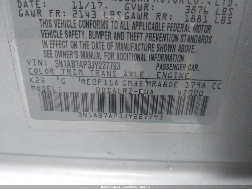 VIN 3N1AB7AP3JY227793 2018 NISSAN SENTRA SR