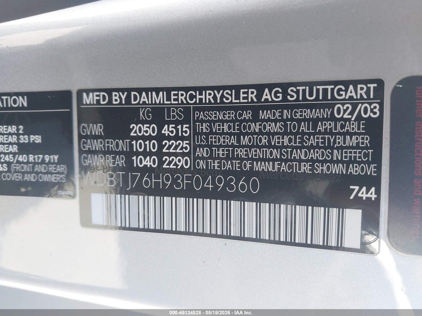 2003 Mercedes-Benz Clk 55 Amg VIN: WDBTJ76H93F049360 Lot: 45134528