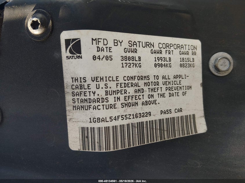 2005 Saturn Ion 3 VIN: 1G8AL54F55Z163229 Lot: 45134561
