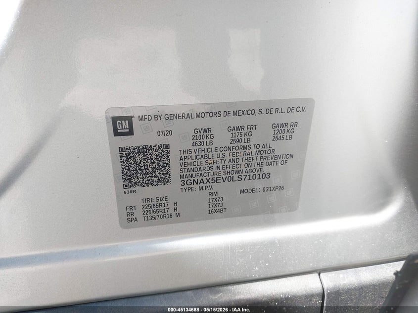 2020 CHEVROLET EQUINOX SPORT UTILITY VEHICLE 1.5L I-4 DI, DOHC, VVT, TURBO, 170HP