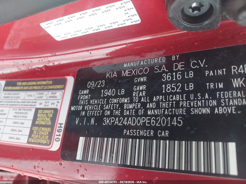 VIN 3KPA24AD0PE620145 2023 KIA RIO S