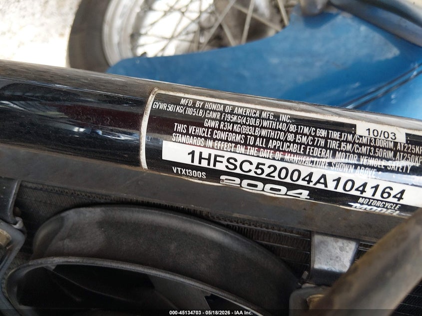 2004 Honda Vt1300 S VIN: 1HFSC52004A104164 Lot: 45134703