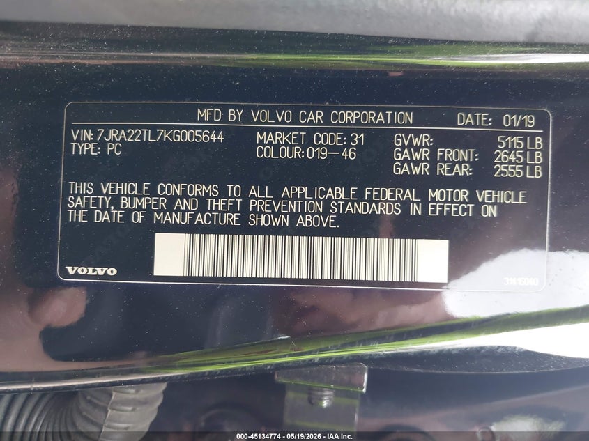 2019 Volvo S60 T6 Inscription VIN: 7JRA22TL7KG005644 Lot: 45134774