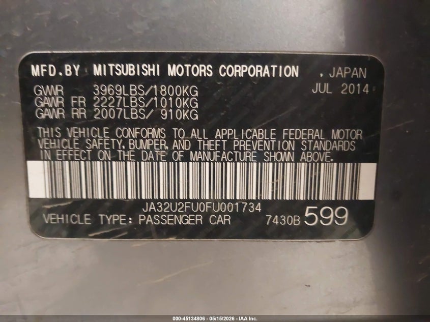 2015 Mitsubishi Lancer Es VIN: JA32U2FU0FU001734 Lot: 45134806