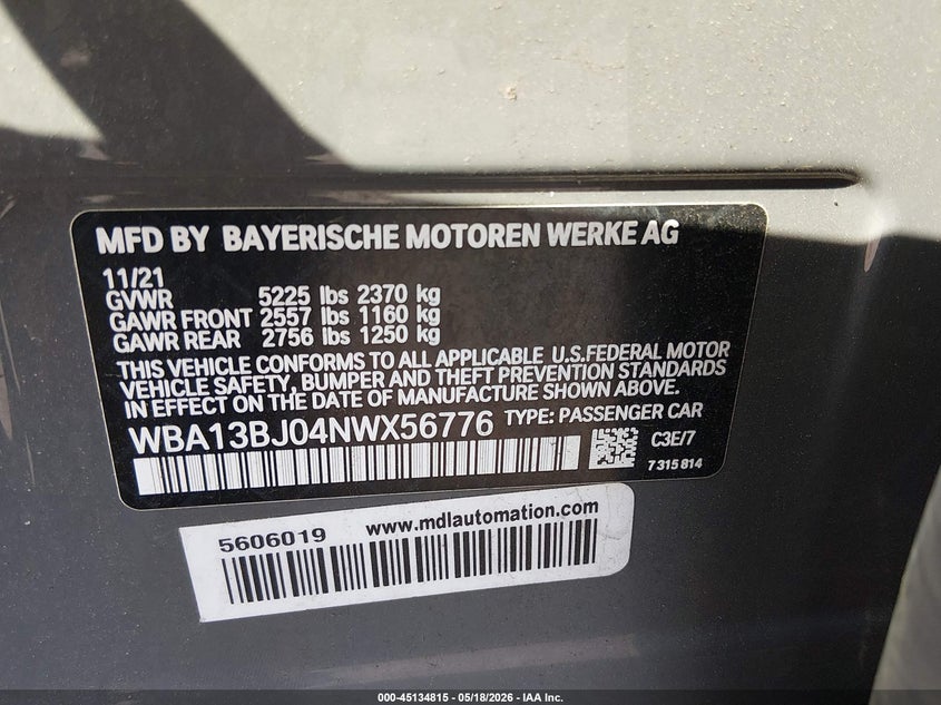 BMW 530 2022 VIN WBA13BJ04NWX56776