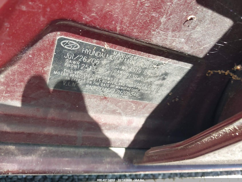 HYUNDAI SONATA 2007 VIN 5NPEU46F17H205546