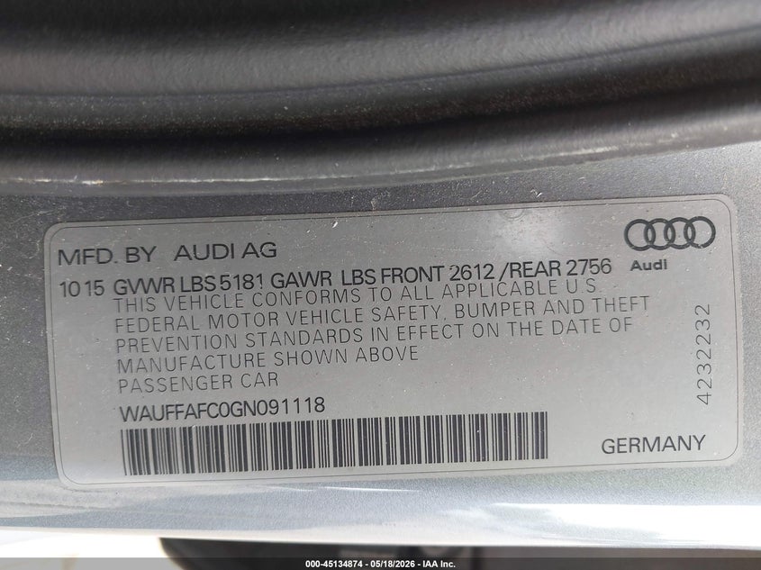 2016 Audi A6 2.0T Premium VIN: WAUFFAFC0GN091118 Lot: 45134874