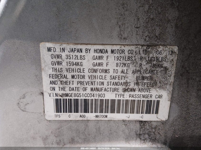 HONDA FIT 2012 VIN JHMGE8G51CC041903