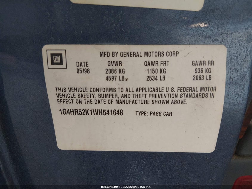 1998 Buick Lesabre Limited VIN: 1G4HR52K1WH541648 Lot: 45134912