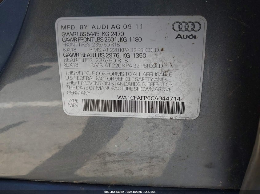 WA1CFAFP6CA044714 2012 Audi Q5 2.0 2.0t Premium Grey