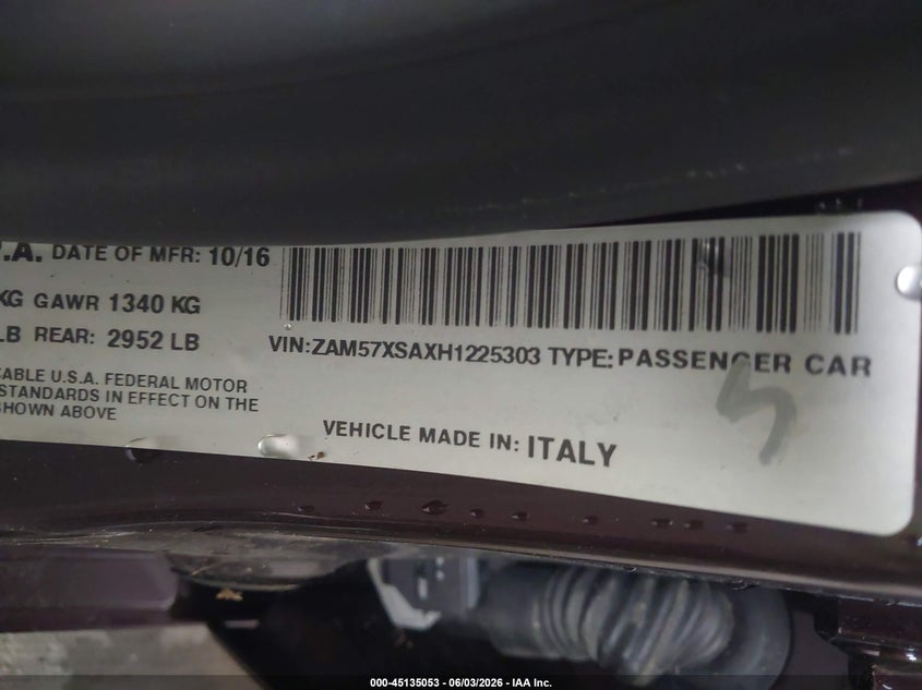 2017 Maserati Ghibli VIN: ZAM57XSAXH1225303 Lot: 45135053