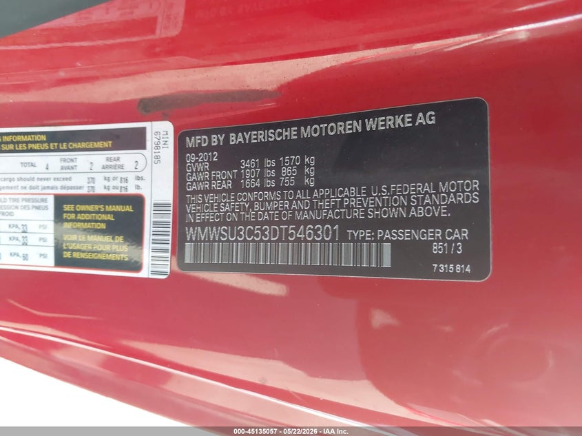 2013 Mini Hardtop Cooper VIN: WMWSU3C53DT546301 Lot: 45135057