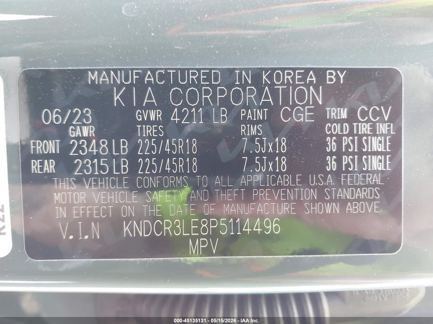 2023 Kia Niro Ex Touring VIN: KNDCR3LE8P5114496 Lot: 45135131