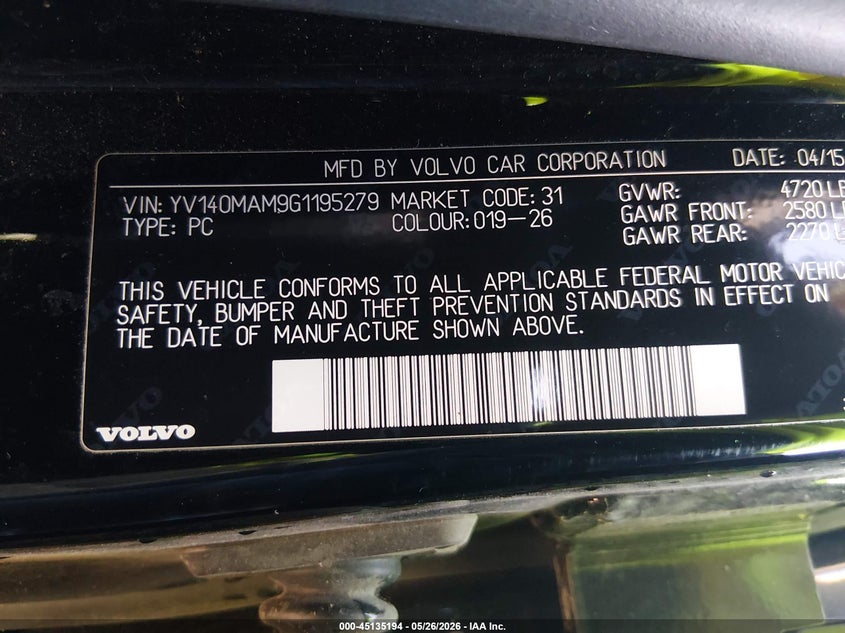 2016 Volvo S80 T5 Drive-E Platinum VIN: YV140MAM9G1195279 Lot: 45135194