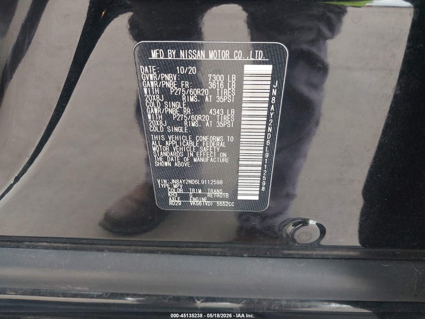 2020 Nissan Armada Platinum 2Wd VIN: JN8AY2ND6L9112598 Lot: 45135238