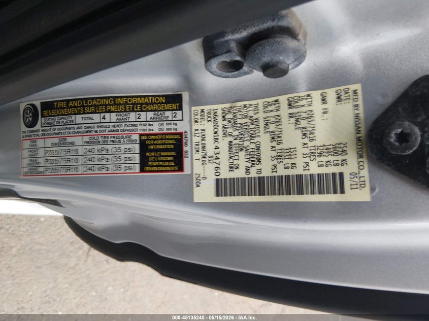 2011 Nissan Frontier 4.0 Frontier Pro-4X silver Lot 111045135240 Vin 1N6AD0CW1BC434760