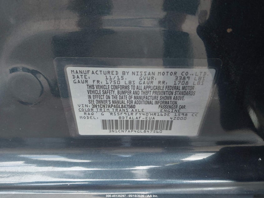 2016 NISSAN VERSA SEDAN 1.6L I-4 DOHC, VVT, 109HP