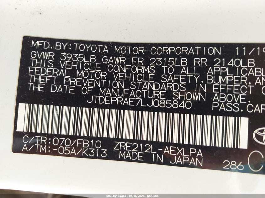 TOYOTA COROLLA 2020 VIN JTDEPRAE7LJ085840