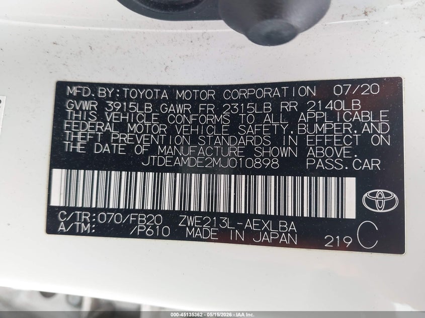2021 TOYOTA COROLLA SEDAN 1.8L I-4 DOHC, VVT, 96HP
