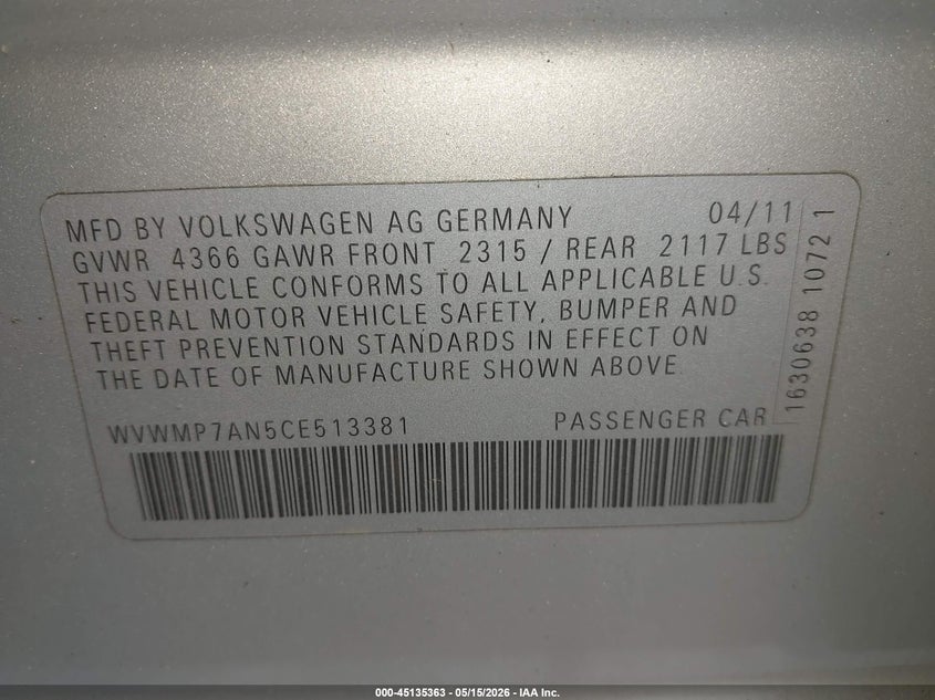 2012 Volkswagen Cc Sport VIN: WVWMP7AN5CE513381 Lot: 45135363