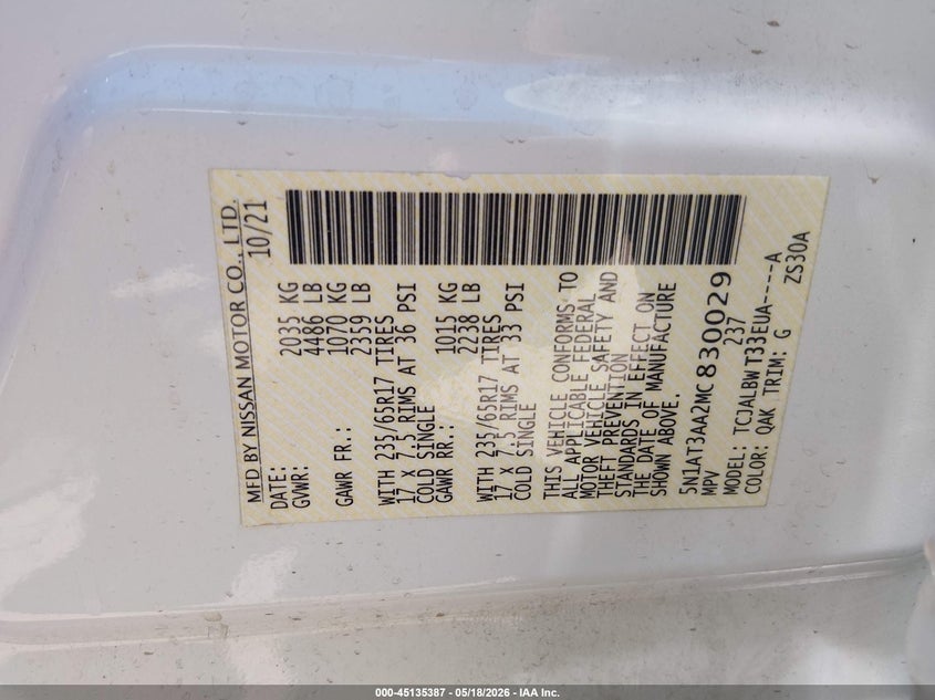 VIN 5N1AT3AA2MC830029 2021 NISSAN ROGUE S FWD