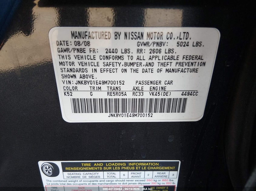 2009 Infiniti M45 VIN: JNKBY01E49M700152 Lot: 45135464