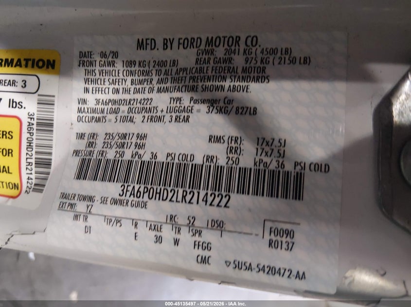 VIN 3FA6P0HD2LR214222 2020 FORD FUSION SE