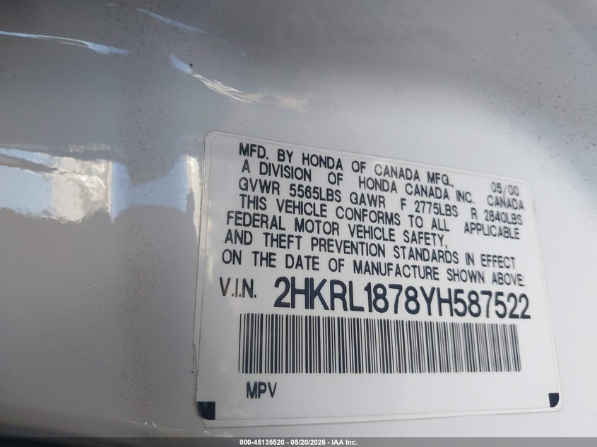 2000 Honda Odyssey Ex VIN: 2HKRL1878YH587522 Lot: 45135520