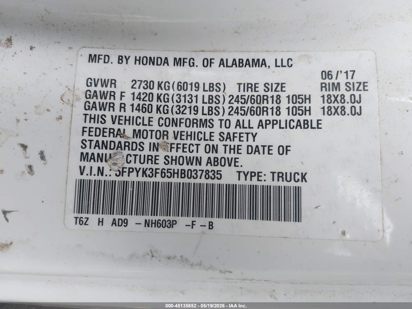 2017 Honda Ridgeline Rtl-T VIN: 5FPYK3F65HB037835 Lot: 45135852