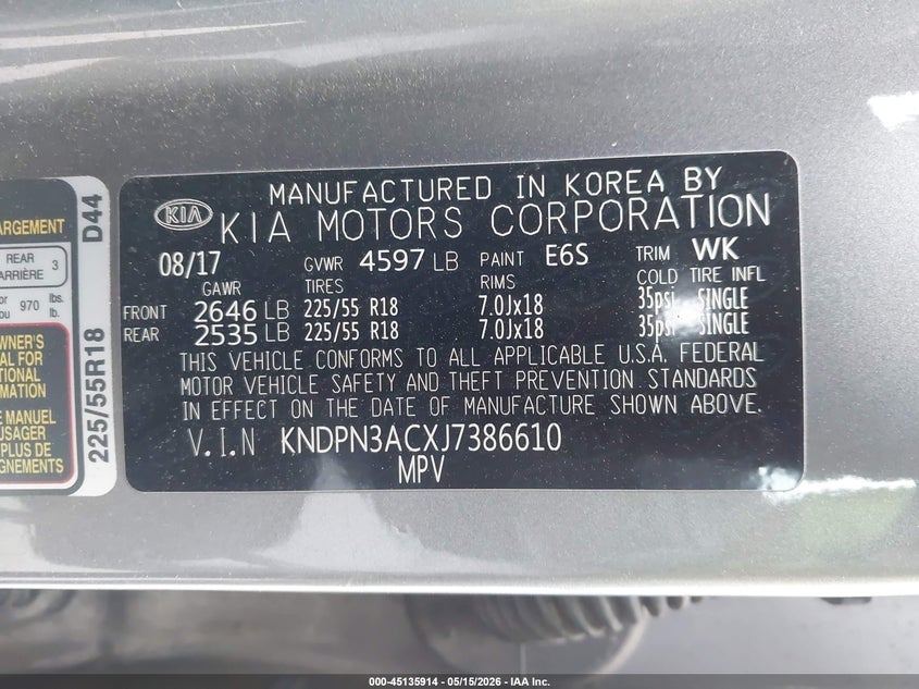VIN KNDPN3ACXJ7386610 2018 KIA SPORTAGE EX