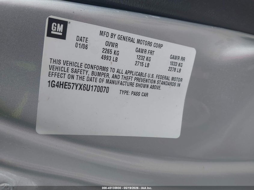 2006 Buick Lucerne Cxs VIN: 1G4HE57YX6U170070 Lot: 45135930