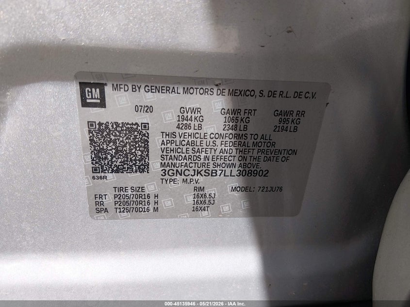 2020 CHEVROLET TRAX SPORT UTILITY VEHICLE 1.4L I-4 DOHC, VVT, TURBO, 138HP