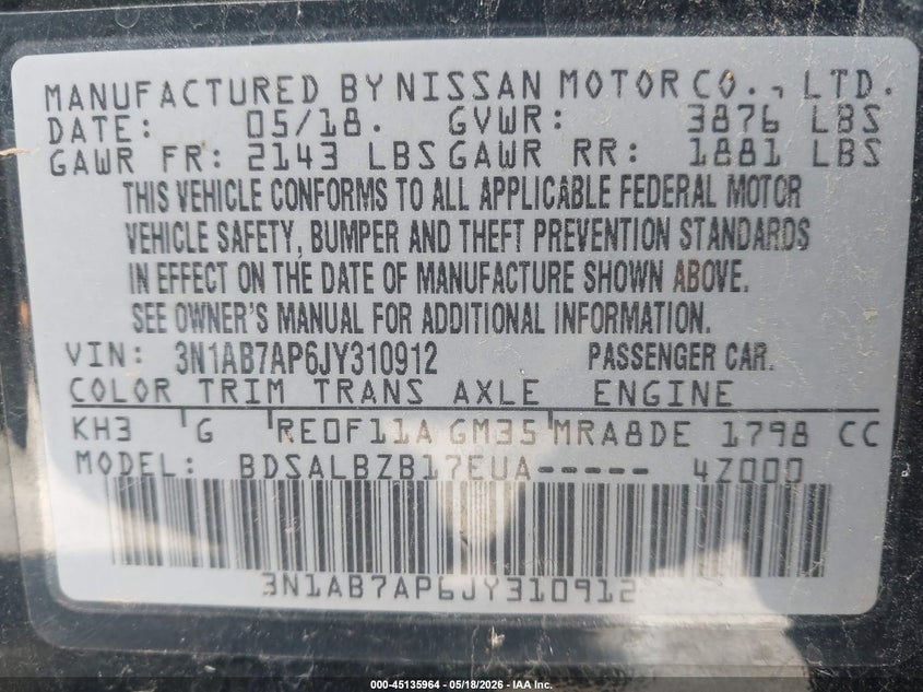 VIN 3N1AB7AP6JY310912 2018 NISSAN SENTRA S