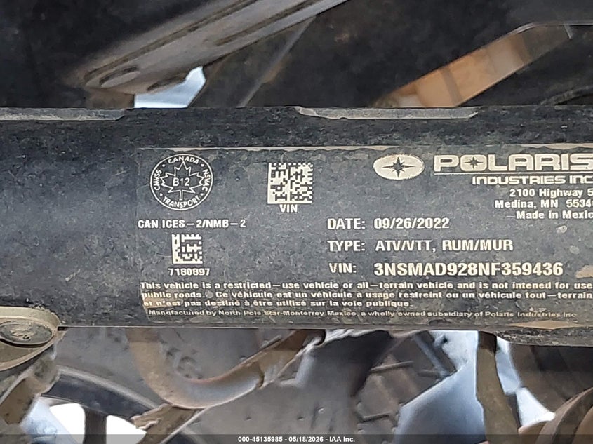 2022 Polaris Rzr Pro Xp Ultimate VIN: 3NSMAD928NF359436 Lot: 45135985
