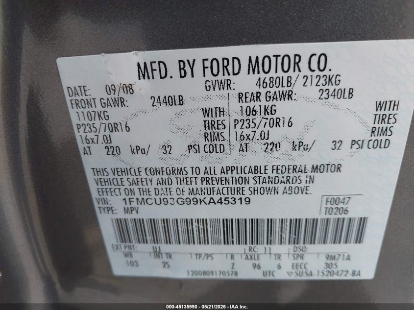 2009 Ford Escape 3.0 Xlt grey Lot 111045135990 Vin 1FMCU93G99KA45319