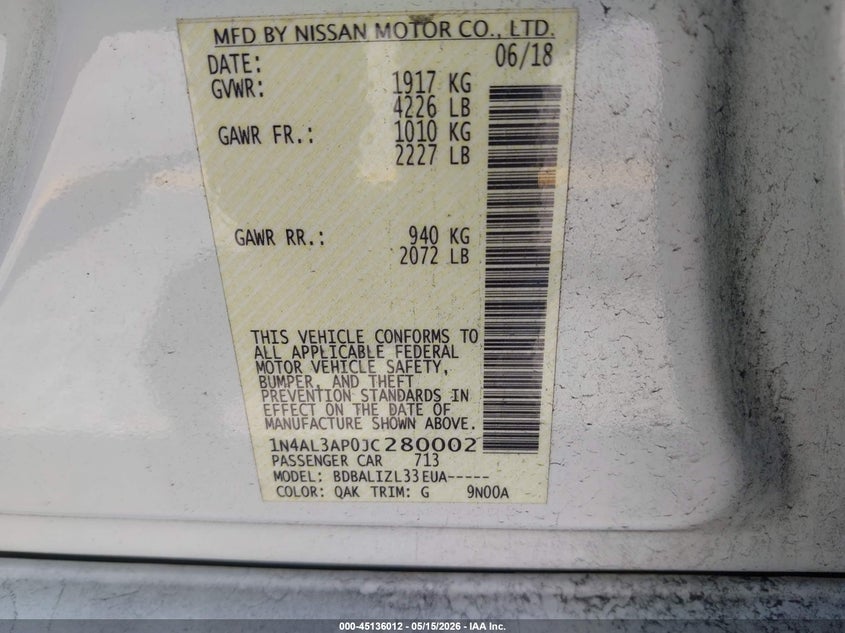 VIN 1N4AL3AP0JC280002 2018 NISSAN ALTIMA 2.5 SV