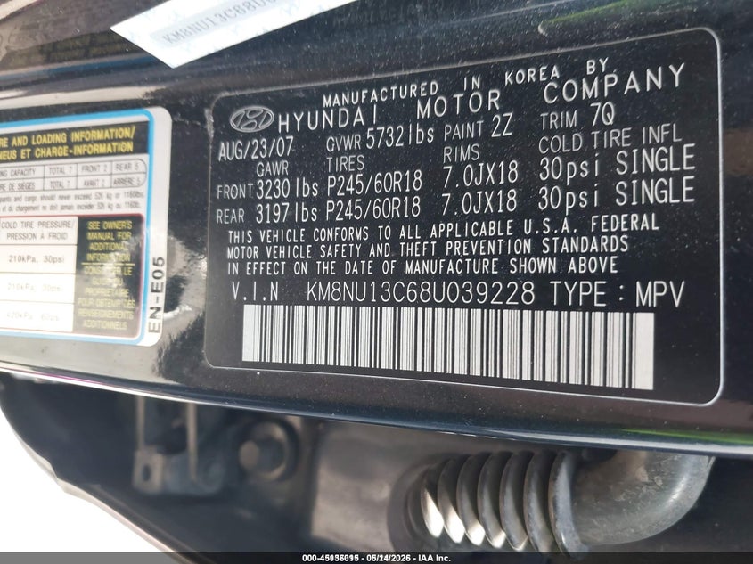 2008 Hyundai Veracruz Gls/Limited/Se VIN: KM8NU13C68U039228 Lot: 45136015