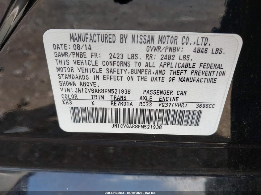 2015 Infiniti Q40 VIN: JN1CV6AR8FM521938 Lot: 45136044