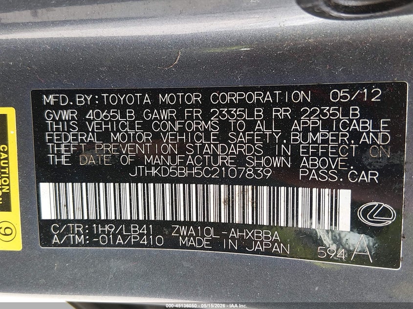 JTHKD5BH5C2107839 2012 Lexus Ct 1.8 Ct 200H Premium grey