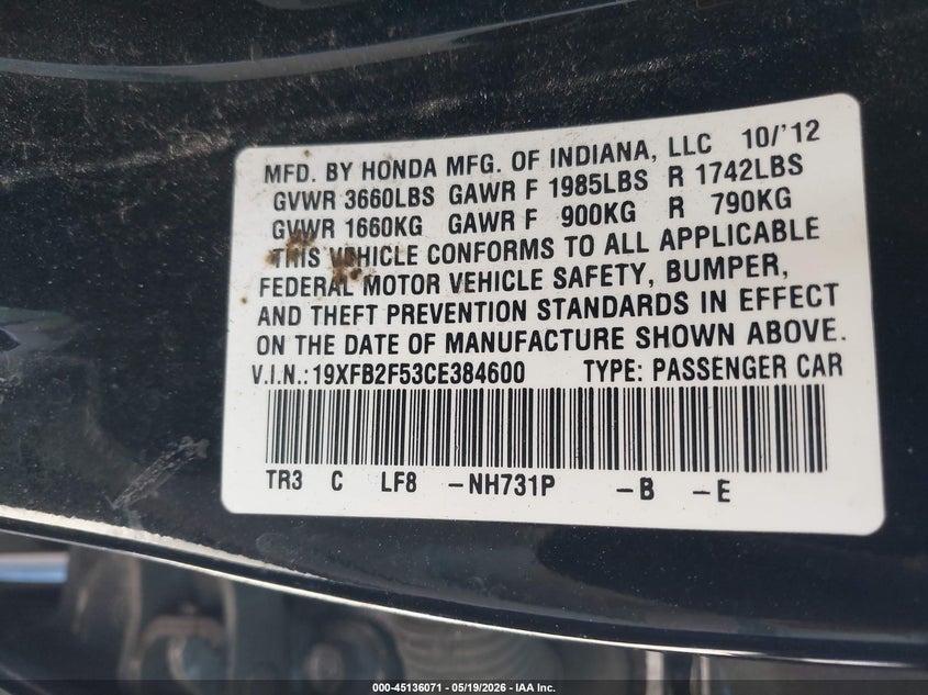 2012 Honda Civic 1.8 Lx black Lot 111045136071 Vin 19XFB2F53CE384600