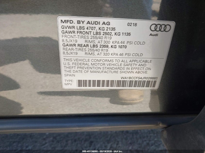 2018 Audi Q3 2.0T Premium VIN: WA1BCCFS4JR026683 Lot: 45136080