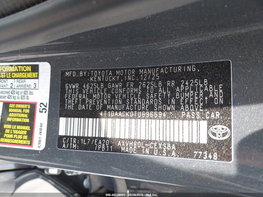 VIN 4T1DAACK0TU696594 2026 TOYOTA CAMRY SE