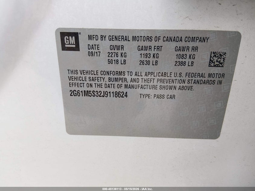 2018 Cadillac Xts Luxury VIN: 2G61M5S32J9118624 Lot: 45136113