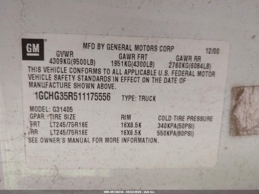 2001 Chevrolet Express VIN: 1GCHG35R511175556 Lot: 45136234