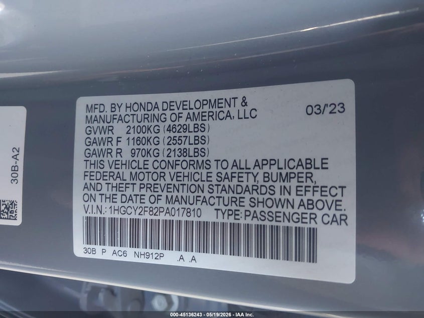 VIN 1HGCY2F82PA017810 2023 HONDA ACCORD HYBRID TOURING